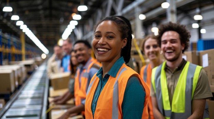 Warehouse team members smiling together