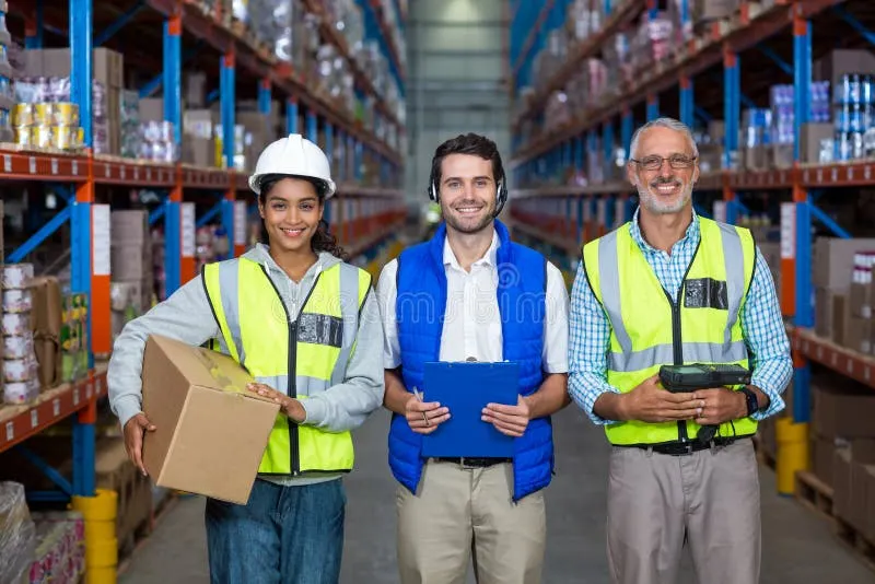 Warehouse workers standing together